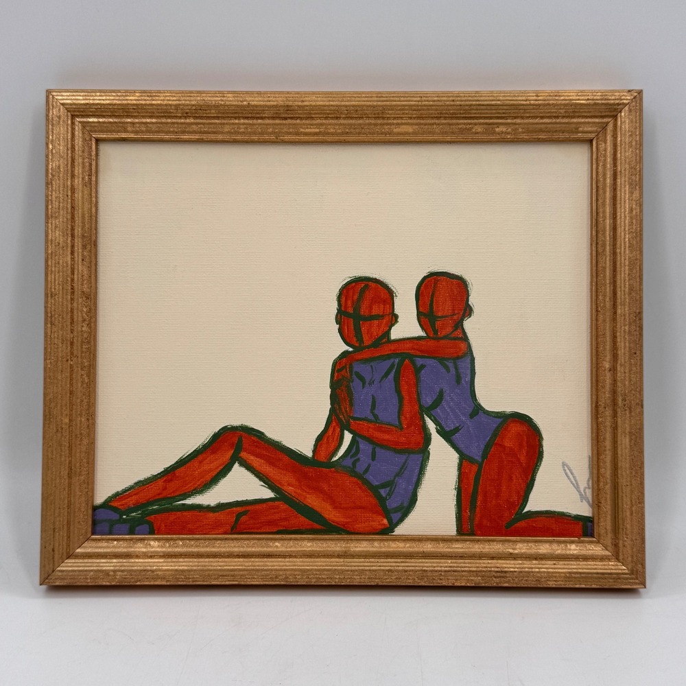 Original Contemporary Abstract Couple Painting on Canvas Board Signed Framed